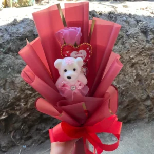 dried and artificial single pink rose with red heart and white teddy bear by Floral Creations by Cherry C.