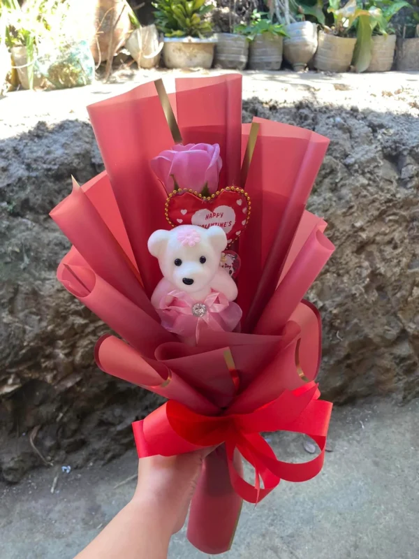 dried and artificial single pink rose with red heart and white teddy bear by Floral Creations by Cherry C.