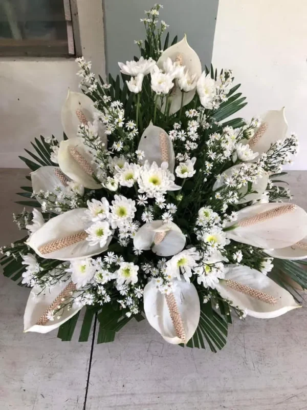 white daisies with white anthuriums flower basket by Floral Creations by Cherry C.