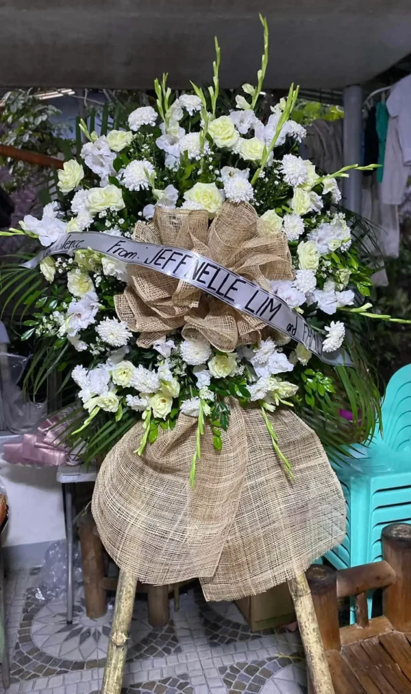 white roses with white daisies funeral standee by Cebu Flower Store